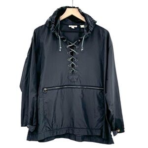 Vintage 90s Ann Taylor Windbreaker Jacket Black Nylon Hooded Pullover | Small